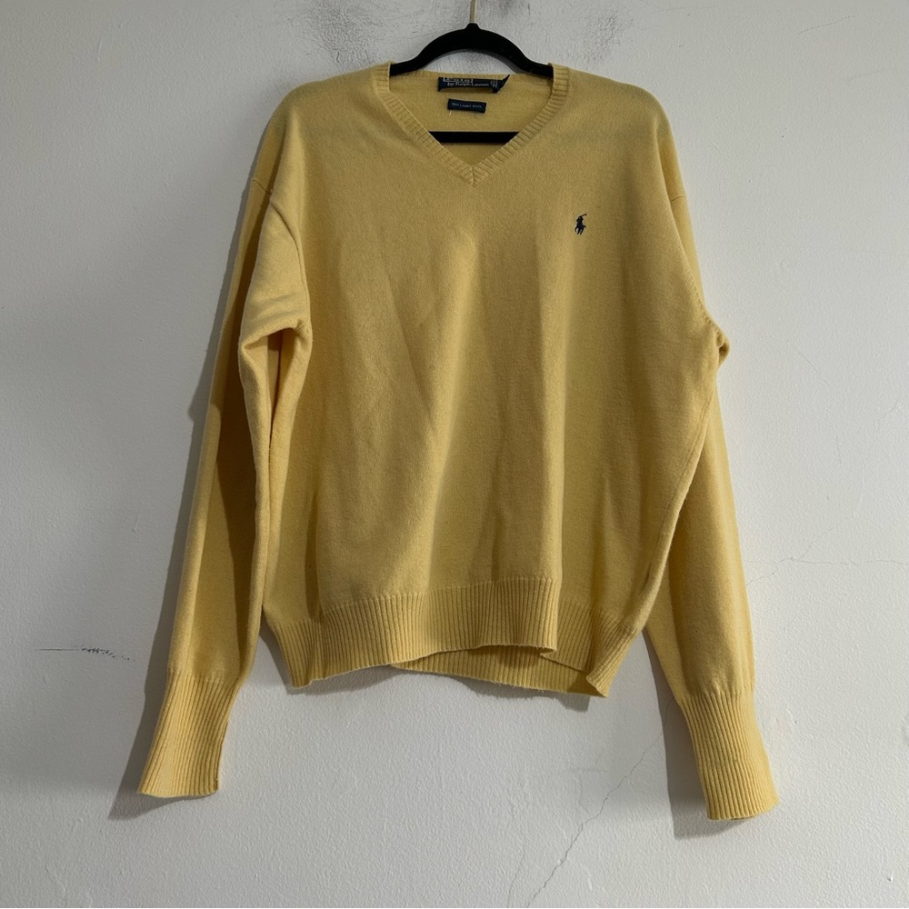 Polo Ralph Lauren Lambswool Butter Yellow V-Neck Sweater XL Preppy Minimal